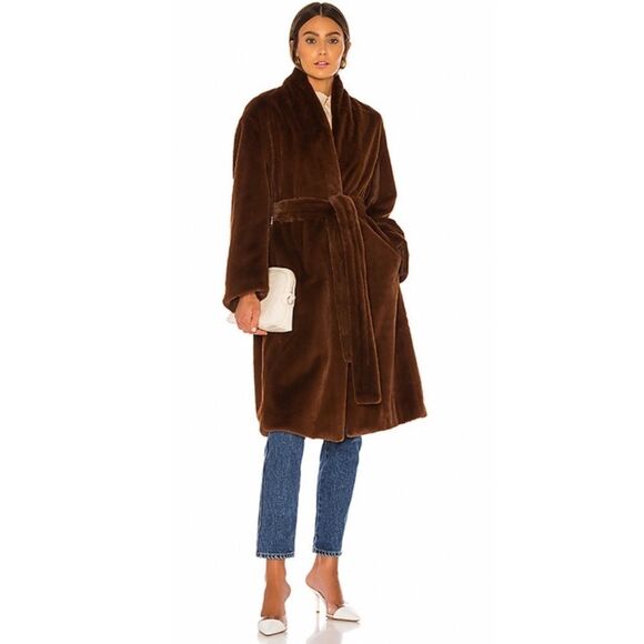 Vince Plush Long Coat in Mahogany. - Picture 6 of 14